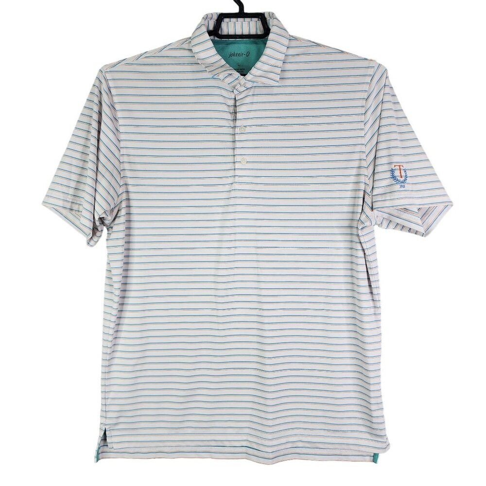 Men's Johnnie-O Polo Shirt UPF 50 White Blue Orange Striped Short Sleeve Size L